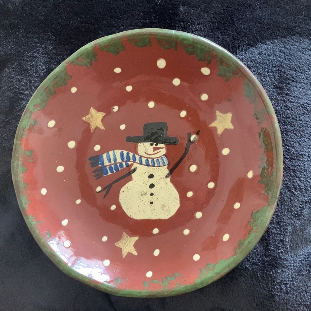 Red oaks pottery snowman plate